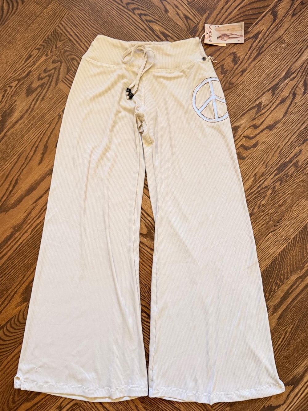 NWT Mora Girls Beige Wide Leg Lounge Pants with Peace Patch